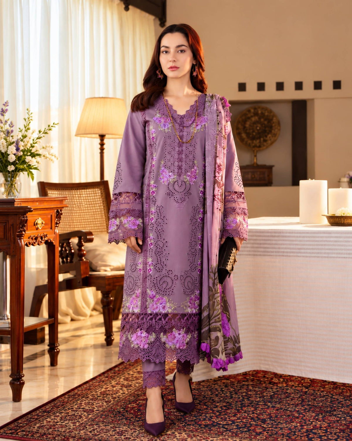 Qalamkar 3pc | Dhanak Embroidered | N-047