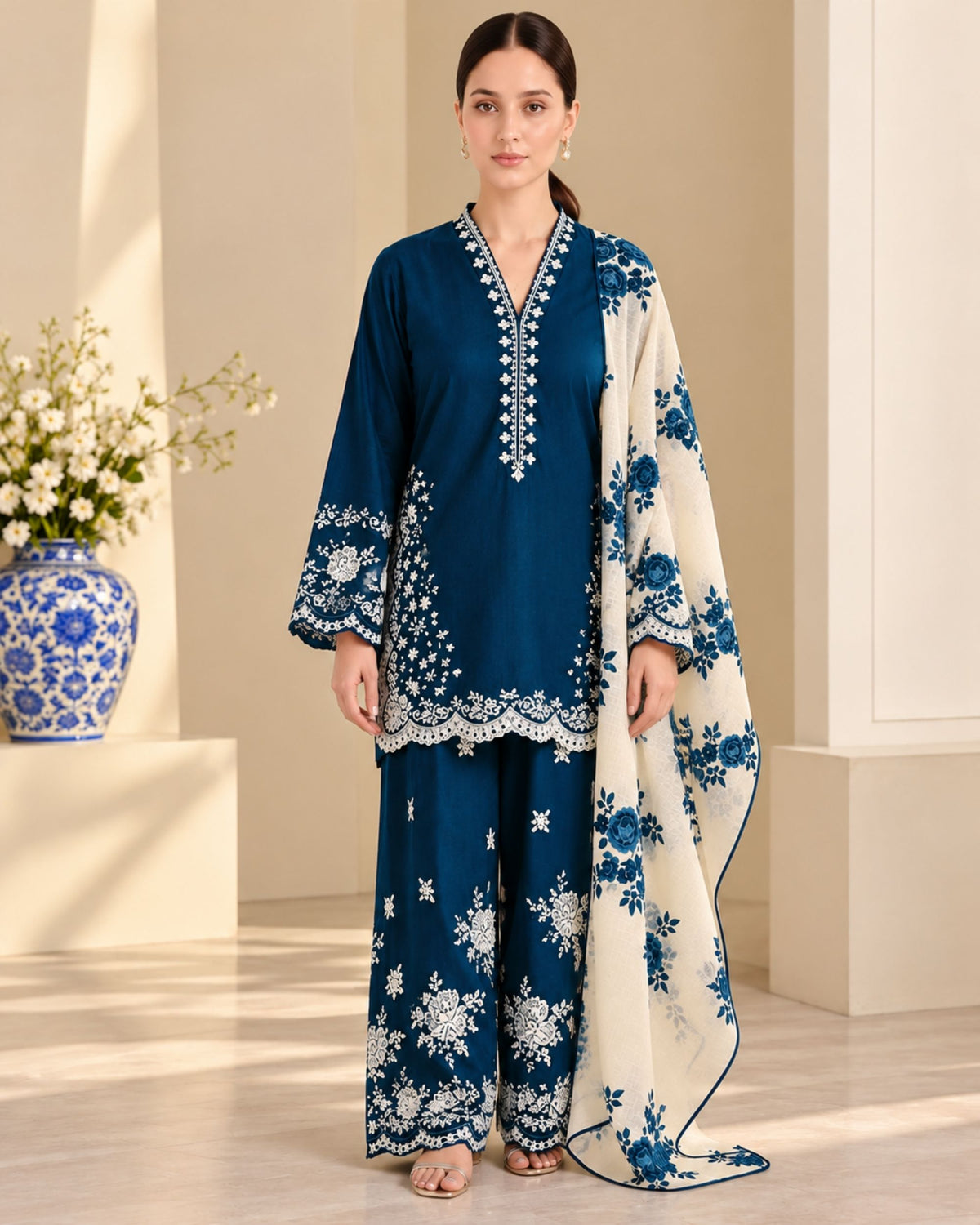 Zara Shahjahan 3pc | Dhanak Embroidered | N-064