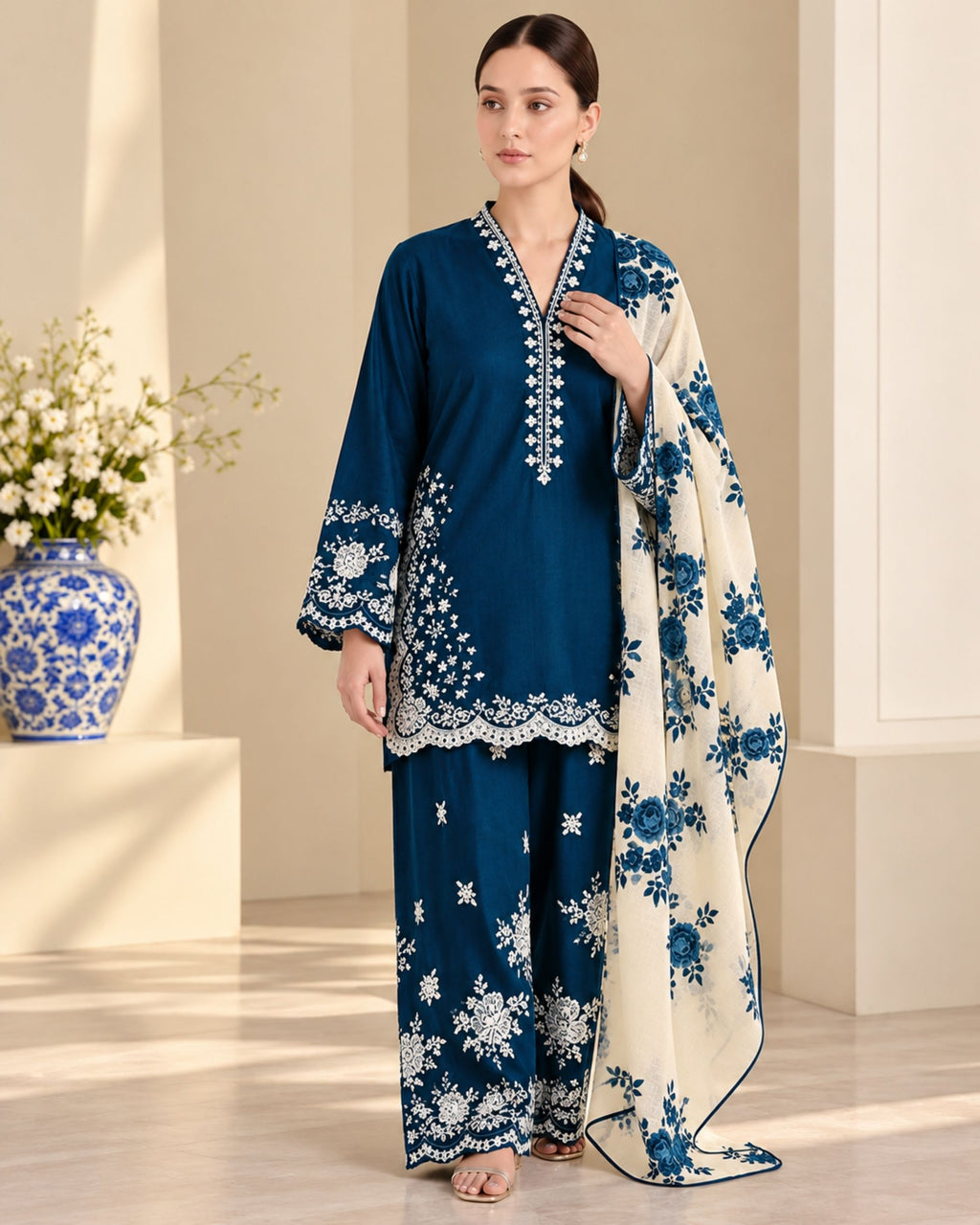 Zara Shahjahan 3pc | Dhanak Embroidered | N-064